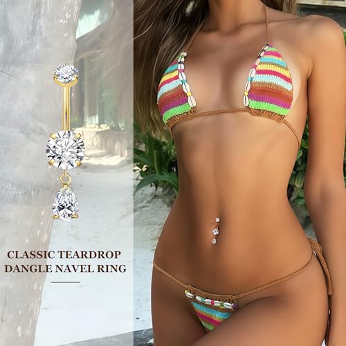 14G G23 Pure Titanium Dangle Belly Button Ring for Women Teardrop Dangling Belly Ring Internally Threaded Barbell Dainty Dangly Navel Ring CZ Belly Piercing Jewelry 6-16MM - color: Gold, size: Bar Length 16mm-Longest