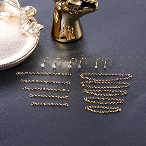 PunkTracker 20G Nose Rings 2mm 2.5mm 3mm CZ Nose Studs | with Chains Surgical Steel Nose Piercing Jewelry Nose Ring Studs - style: Gold, Nose Screw