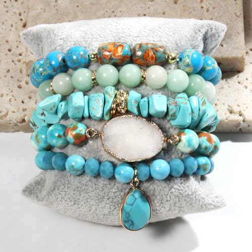 Yomisa 5PCS 6PCS Natural Boho Beaded Bracelets/Bangle for Women Men,Healing Turquoise Jasper Agate Crystal Gemstone Stone Chakra Multilayer Wrap Bohemian Handmade Jewelry Beads Stretch Bracelet Set - color: 5PCS-Turquoise