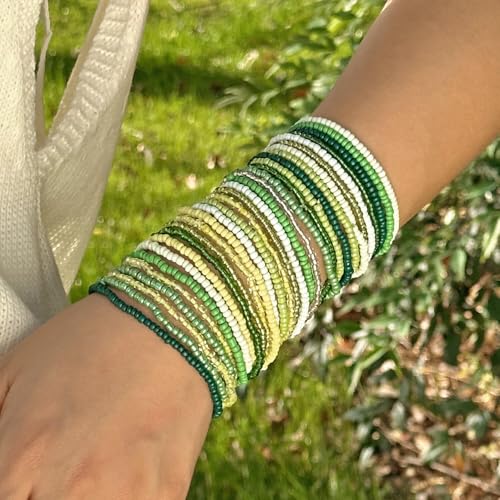 16-30Pcs Handmade Bohemian Colorful Crystal Seed Beads Stackable Adjustable Elastic Stretch Multilayerd Bracelets for Women Summer Vacation Beach Boho Bangle Jewelry - color: green