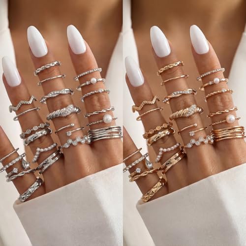 42-Piece Gold Tone Stackable Ring Set for Women, Boho Minimalist Stacking Rings with Crystal & Heart Accents, Adjustable Open Band Jewelry for Daily Wear - style: TZJ-003353-01
