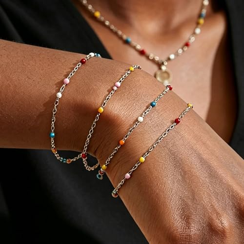 6 PCS Enamel Beaded Chains Bracelet Stainless Steel Link Bracelets | 6.7"+1.18", With Extender Chain, Fashion Jewelry Set, Gift For Women, Colorful, No Fade - color: Colorful Silver