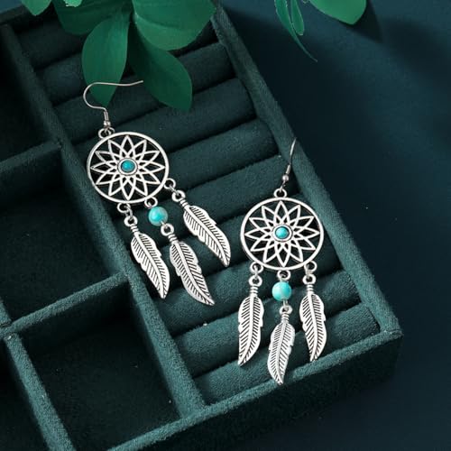 Blue Turquoise Dream Catcher Feather Earrings for Women Vintage Bohemian Western Jewelry - style: Silver Sunflower