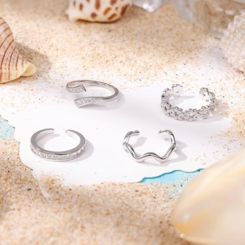14K Gold Plated Toe Rings for Women Non Tarnish Adjustable Silver Gold Toe Ring Cubic Zirconia Daisy Flower Dainty Toe Rings Set Open Simple Band Ring Summer Beach Foot Jewelry - color: B-Silver