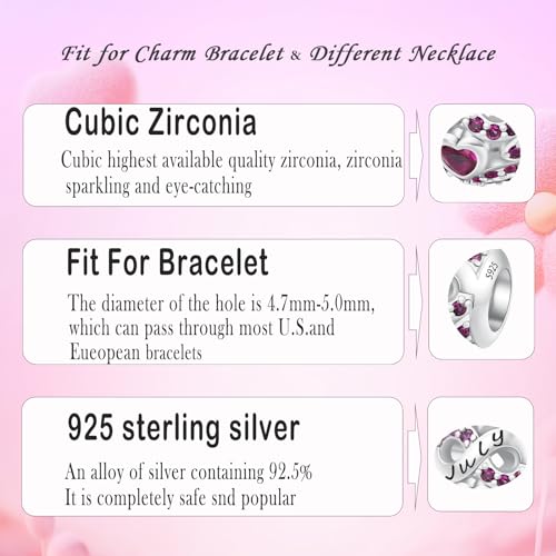 MICOO 925 Sterling Silver Jan-Dec Birthstone Charms For Bracelets and Necklaces, Original DIY Bead Charms With Cubic Zirconias Jewelry Birthday Gifts For Women. - color: 7-July Birthstone charm