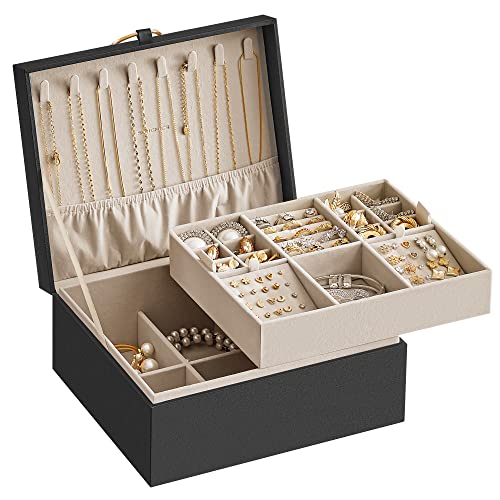 SONGMICS 2-Layer Jewelry Box, Jewelry Organizer with Handle, Removable Jewelry Tray, Jewelry Storage, Floating Effect, 8.1 x 9.4 x 4.3 Inches, Gift Idea, Black UJBC165B01 - color: Black