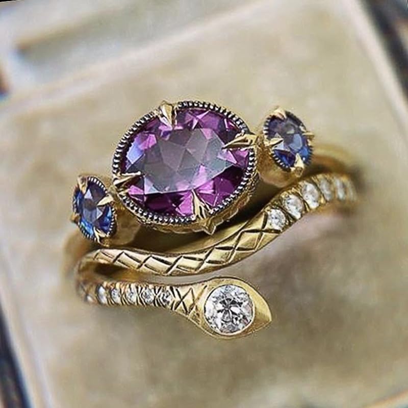 18k Gold Artistic Retro Copper Set with Amethyst Unique Sapphire Exotic Purple Zircon Snake Shaped Ring for Women's Exotic Party and Dinner Accessories Size 8 - size: US Code 8