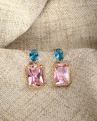 14K Gold Plated Pink Crystal Stud Square Stone Drop Dangle Geometric Earrings for Women Vacation Jewelry - color: Pink&Blue