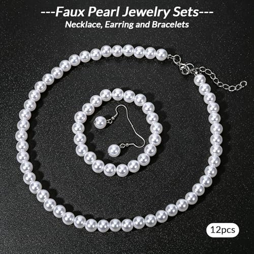 12 Pcs Pearl Necklace Jewelry Sets for Women- 4 Sets Classic 8mm White Faux Pearl Necklace Earring and Bracelet Set - Beaded Necklaces Jewelry for Wedding Bridal Shower Gifts