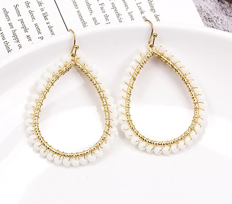 Boho Beads Teardrop Earrings Dangling Gold Hoop Earrings for Women - color: White