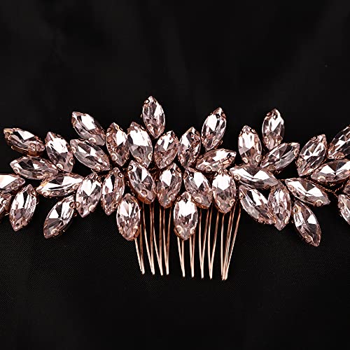 Teyglen Hair Comb, Rhinestone Crystal Hair Comb Headpiece for Women, Wedding Party Prom, Rose Gold-Pink Rhinestones Hair Piece, Size 15 *6cm/5.9 *2.36 inches, Alloy+Rhinestones, 1 Count - color: Rose Gold-Pink Rhinestones