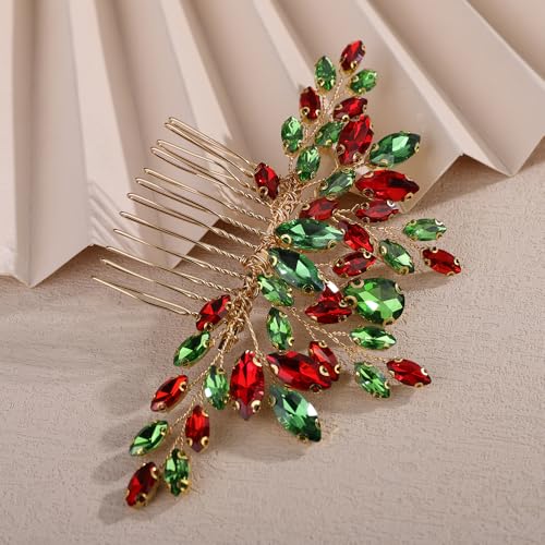 Teyglen Bridal Red and Green Crystal Hair Comb Christmas Headpiece Full Rhinestone Wedding Hair Comb Crystal Teardrop Hair Piece Hair Accessories for Women Party Prom(Red and green) - color: Red and green