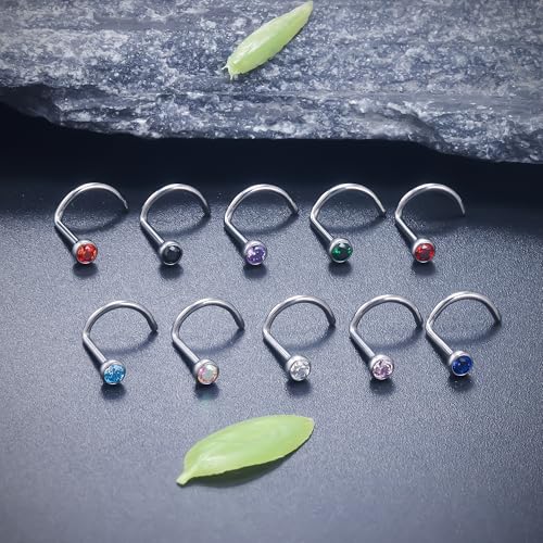 Ruifan ASTM F136 Titanium Nose Rings 18G 20G 22G Jeweled Mix Color Cubic Zirconia Nose Studs Ring Screw L-Shaped Bone Hypoallergenic Body Piercing Jewelry for Women 1.5mm 2mm 2.5mm 3mm 10PCS - style: Screw:18G(1.0mm)-2.5mm CZ