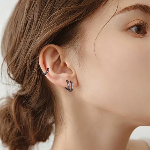 micuco 3 Pairs Small Hoop Earrings Tiny Cartilage Earrings for Women Men | Cubic Zirconia Earrings Huggie Hoop Ear Piercing Earrings for 8mm 10mm 12mm - color: 8# Black 8-10-12mm