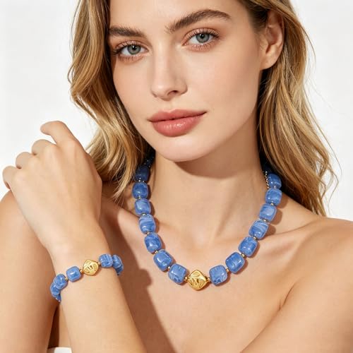 NEWITIN 2 Pieces Summer Beach Jewelry for Women Chunky Beaded Necklace Bracelet Trendy Big Resin Beaded Choker Boho Charm Statement Colorful Jewelry Set for Women - color: Blue