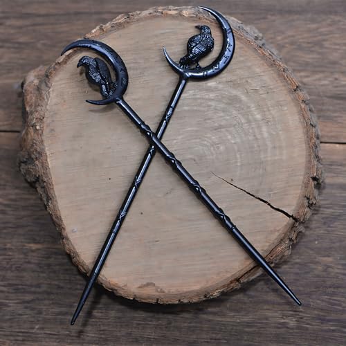 2PCS Viking Raven Hair Sticks – Gothic Moon Hair Pins for Women | Black Gothic Hair Accessories with Raven Moon Design for Buns, Updos, Renaissance Festival, Halloween & Cosplay - color: RLMN