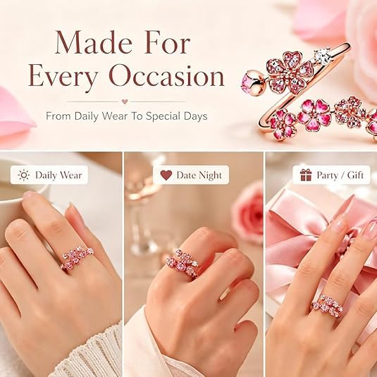 Peach Blossom Adjustable Ring, Pink Floral, Crystal Accents, Open Band, for Women, Romantic Cherry Blossom Style, Gift for Birthdays, Weddings - color: BLUE