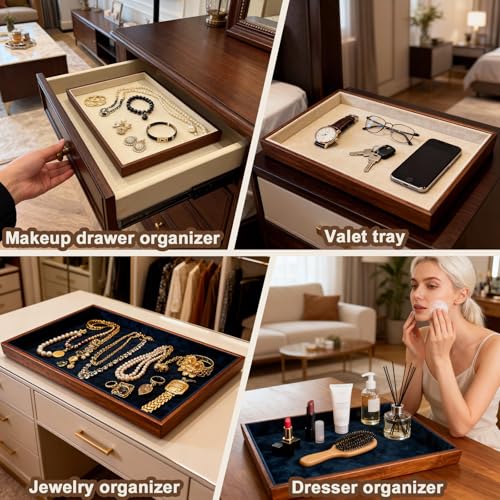Large Solid Wood Jewelry Watch Tray, Velvet Jewelry Board Display Trays for Key Wallet Ring,Stackable Wooden Jewelry Drawer Organizer Showcase Jewelry Holder(Grey) - color: Gray