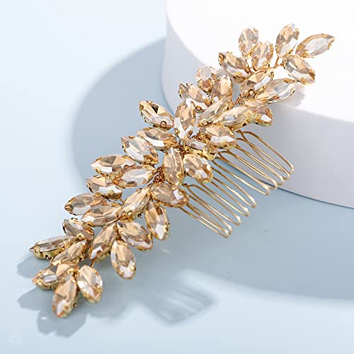 Teyglen Women Dainty Rhinestone Hair Comb - Luxurious Shiny Champagne Bridal Side Hair Accessory for Brides and Girls - color: Champagne