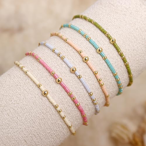 Gold Seed Beaded Bracelets Set for Women, Boho Handmade Friendship Stretch Summer Beach Jewelry Gift. - color: 2001F