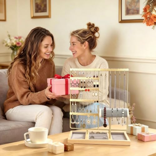 Jewelry Organizer Earring Holder Organizer,6 Tier Jewelry Holder Bracelet Holder Necklace Holder with 6 Hooks,Jewelry Stand for Bracelet, Necklaces, Earrings, Rings, Watches,Gold