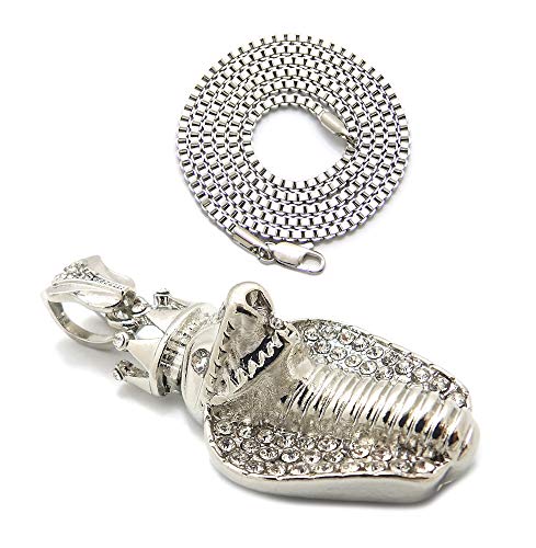 Fashion 21 Unisex Iced Out King Crowned Cobra Snake Pendant 24" Various Chain Necklace in Gold, Silver Tone - color: Silver / 2mm 24" Box Chain