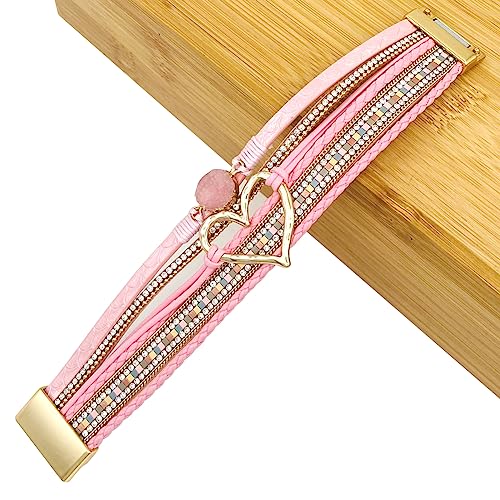 Womens Love Heart Leather Wrap Bracelet Multi-layer Stacked Bangle | Magnetic Clasp Soft PU Leather Resin Stone Rhinestone Boho Style Birthday Valentine Christmas Bohemian Jewelry Gift - color: Pink