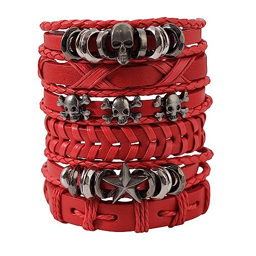 6Pcs Men Braided Leather Bracelet Black Punk Rock Skull Bracelet - color: D: Red