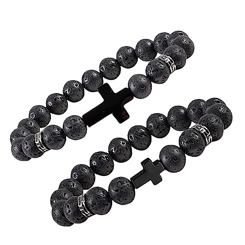 8mm Cross Beads Wooden Bracelet for Men Women Healing Lava Rock Stretch Bracelets Set - color: D: Cross Bracelet Lava Rock