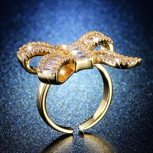 Sparkly Rhinestone Bow Rings for Women Adjustable Cocktail Statement Finge Ring Pave Crystal Bow Open Ring Promise Engagement Wedding Party Jewelry - style: Gold
