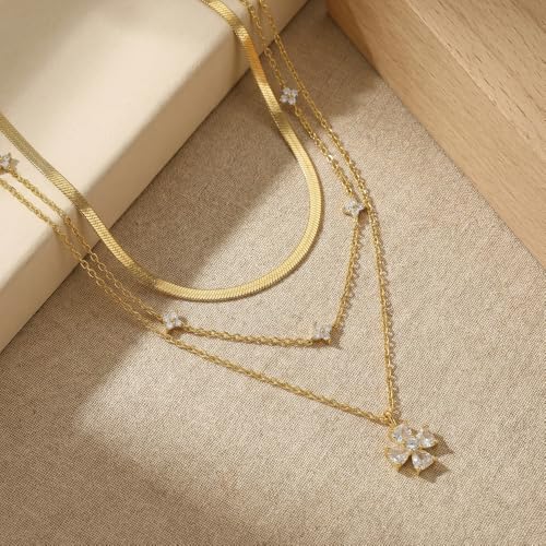 14k Gold Plated Layered Cubic Zirconia Pendant Necklace for Women | Gold Plated Clover Necklaces Stackable Dainty Cubic Zirconia Pendant Necklace,Mother's Day, Thanksgiving Jewelry Trendy gifts - color: Golden, style: Style1