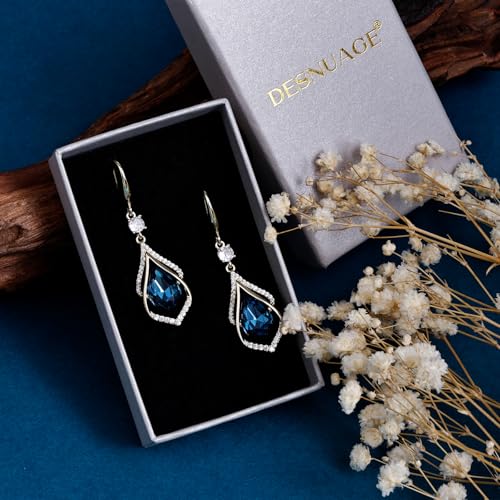 Gold Sapphire Dangle Earrings for Women Teardrop Birthstone Zirconia Earrings Royal Blue Sparkle Rhinestone Crystal Jewelry