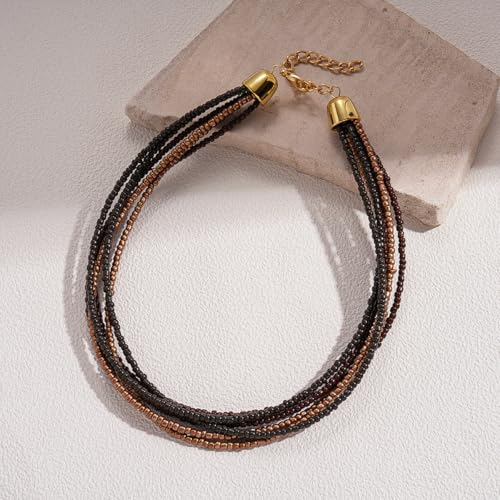 Colorful Multi-layered Seed Beaded Necklace Choker For Women Bohemian Handmade Crystal Stone Gemstone Hawaiian Necklace Holiday Birthday Summer Beach Jewelry Gift - color: Brown Black