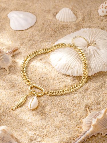 Anklets for Women Waterproof, 14K Gold Plated Anklet Non Tarnish | Ankle Bracelet for Women with Removable Starfish Shell Charms, Cuban Link Anklet for Big Ankles, Summer Beach Jewelry - style: Style3