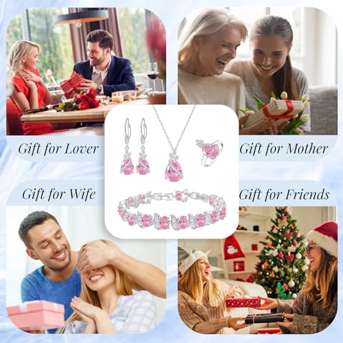GZWHD Jewelry Set for Women CZ Earrings Necklace Ring Bracelet Set Prom Party Wedding Jewelry Gift for Mother Friend Wife - color: A-Pink