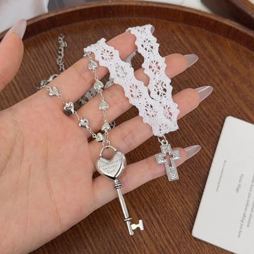 White Lace Cross Strap Key Choker Necklace for Women Cool Heart Chain Double Layer Necklace Fashion Party Jewelry Gift