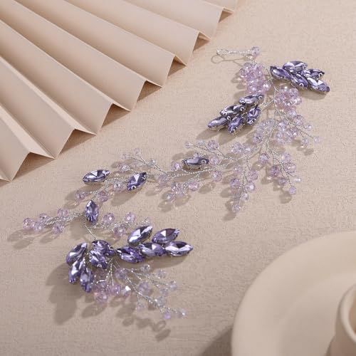 Teyglen Light Purple Crystal Bride Wedding Hair Vine Bridal Violet Rhinestone Wedding Headband Romantic Head Piece for Women Hair Accessories (Purple) - color: Purple