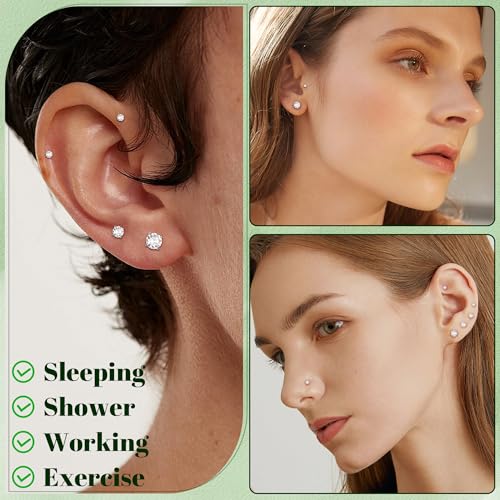 16G 18G 12Pcs Flat Back Stud Earrings 316L Surgical Steel Internally Threaded Stud for Women Tragus Labret Monroe Cartilage Helix Conch Studs Hypoallergenic Nose Stud Piercing Jewelry - color: Silver, size: 16G