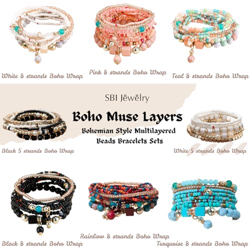 Rainbow Boho Bracelet Stacks for Women Layered Color Black Gold White Turquoise Family Stranded Wrap Birthday Anniversary Valentines Day - style: Turquoise 8PC