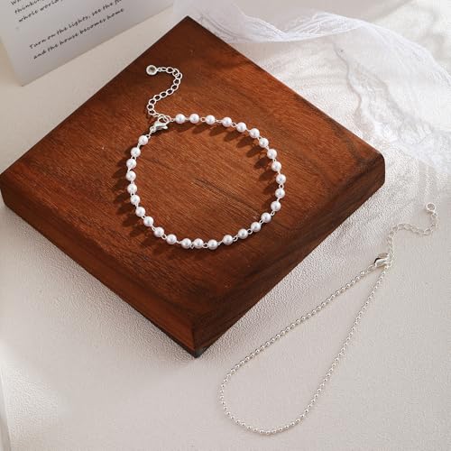 Gold Ankle Bracelets for Women, Dainty 14K Gold Plated Anklets for Women Waterproof Cuban Link Chain Pearl Anklet Set Trendy Layered Stackable Ankle Bracelet Non Tarnish Jewelry for Her - color: A0112
