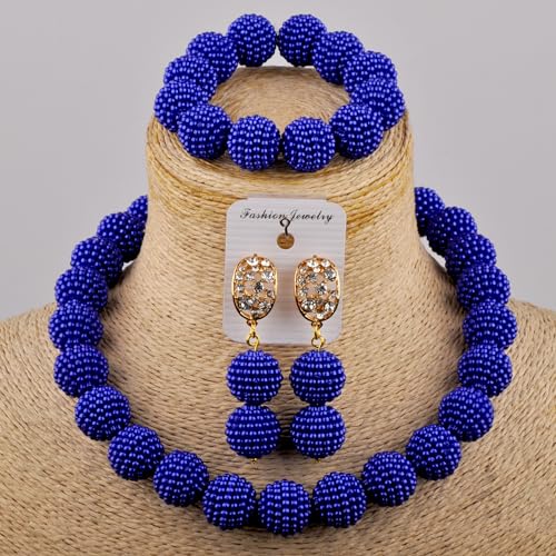 Nigerian Wedding African Beads Jewelry Set Women Simulated Pearl Necklace and Earrings - color: Royal Blue
