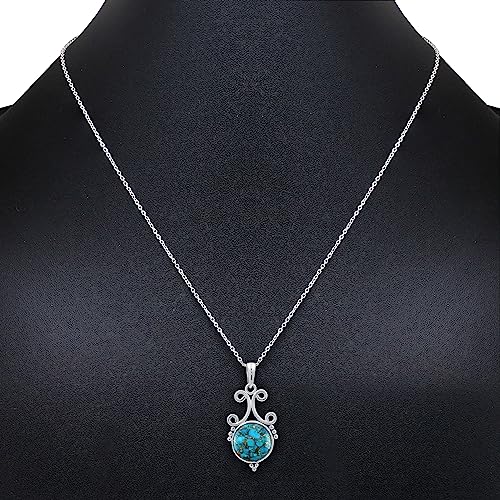 Natural Round Gemstone Pendant Necklace for Women, 925 Sterling Silver | Solitaire Birthstone Jewelry With 18 Inch Chain, Handmade Semi Precious Stone Pendant, Jewelry Gift for Mom, Wife & Sister - color: Blue Copper Turquoise