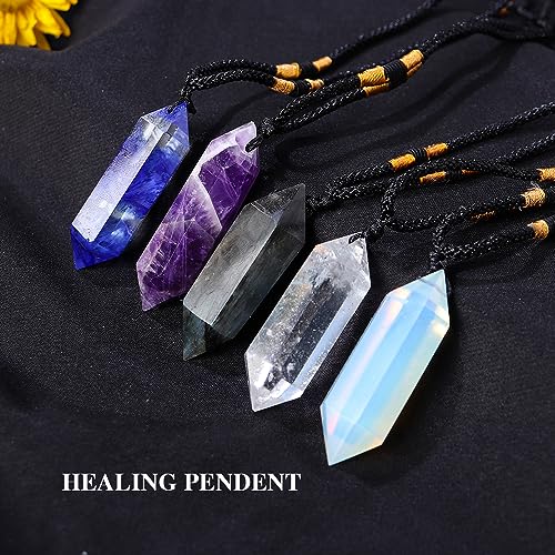 Runyangshi Opal Healing Crystal Pendants, Double Pointed Crystal Quartz Necklace 6 Faceted Chakra Crystal Wand Stone - color: Opal