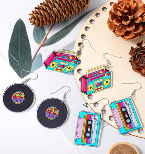 3Pairs 80s Earrings for Women Retro, Retro Cassette Tape Hoop 80s Earrings for Women, Lightweight Acrylic Dangle Earring for Costume & Party (Candy Colors)