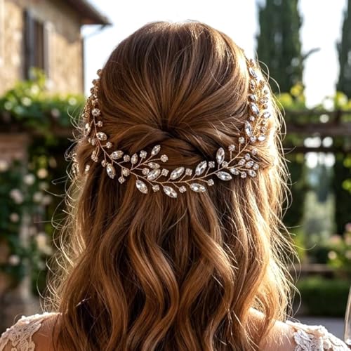 Gold Rhinestone Wedding Hair Vine Bridal Hair Accessories Crystal Hairpieces for Women(Gold) - color: gold