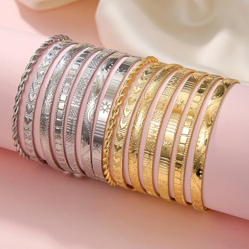 IFKM Gold Bangle Bracelets For Women, 14k Gold Plated Multi Layer Stackable Cuff Bracelet Set, Trendy Elegance Charms Non Tarnish Minimalist Textured Boho Jewelry Gift for Women - style: 7pcs Hexawn star twist silver
