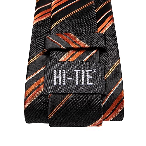 Hi-Tie Men's Silk Ties Formal Woven Classic Necktie Pocket Square Cufflinks Lapel Pin Set Wedding Business - color: Black and Deep Orange