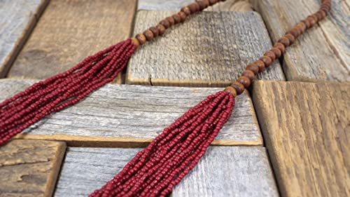 Long Red Multi-Strand Seed Bead Necklace with Wood Beads – 15 Layer Bohemian Statement Necklace, Casual Layered Fashion Jewelry