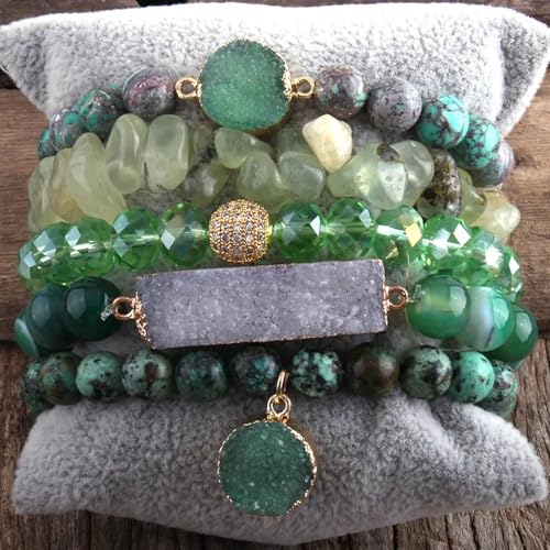 Yomisa 5PCS 6PCS Natural Boho Beaded Bracelets/Bangle for Women Men,Healing Turquoise Jasper Agate Crystal Gemstone Stone Chakra Multilayer Wrap Bohemian Handmade Jewelry Beads Stretch Bracelet Set - color: 5PCS-Green