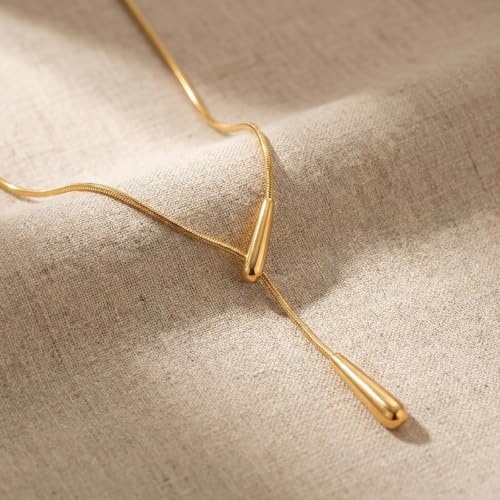 Gold Long Lariat Necklaces for Women Pendant Beaded Chain Drop Necklace | Gold Long Y Necklaces for Women, Trendy Dainty Lariat Chain Drop Pendant Adjustable Necklace 14k Gold Plated for Women Gold